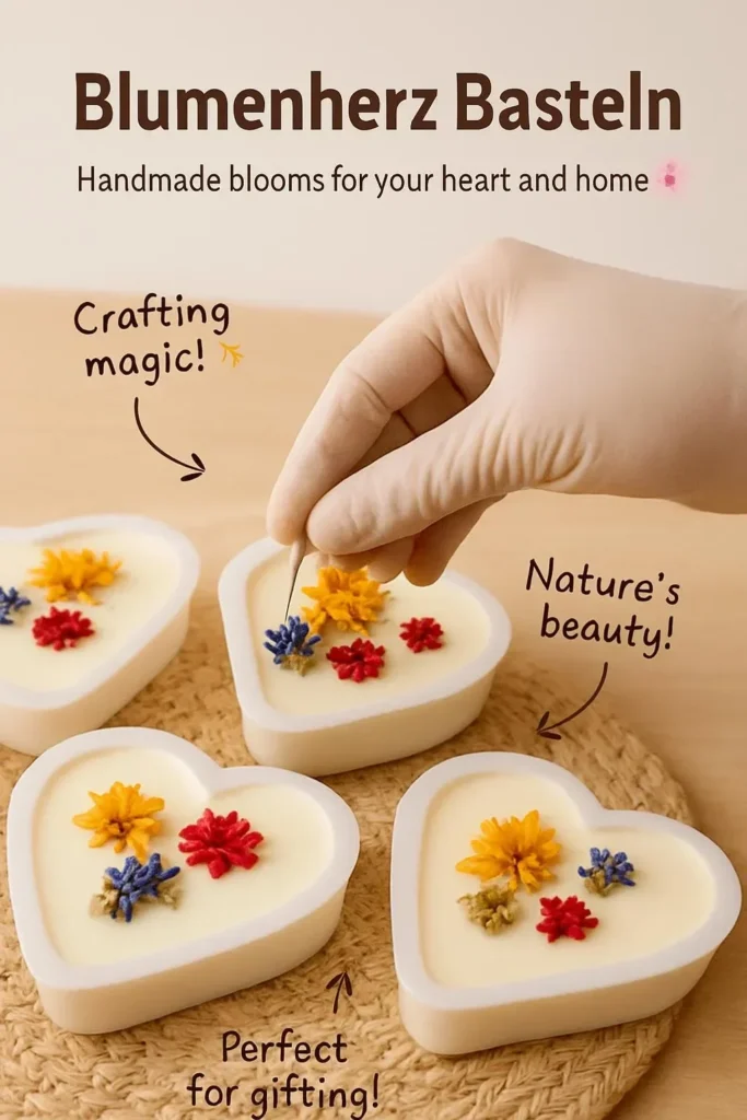 Bastelideen für ein schönes Blumenherz mit bunten Blumen und Materialien.