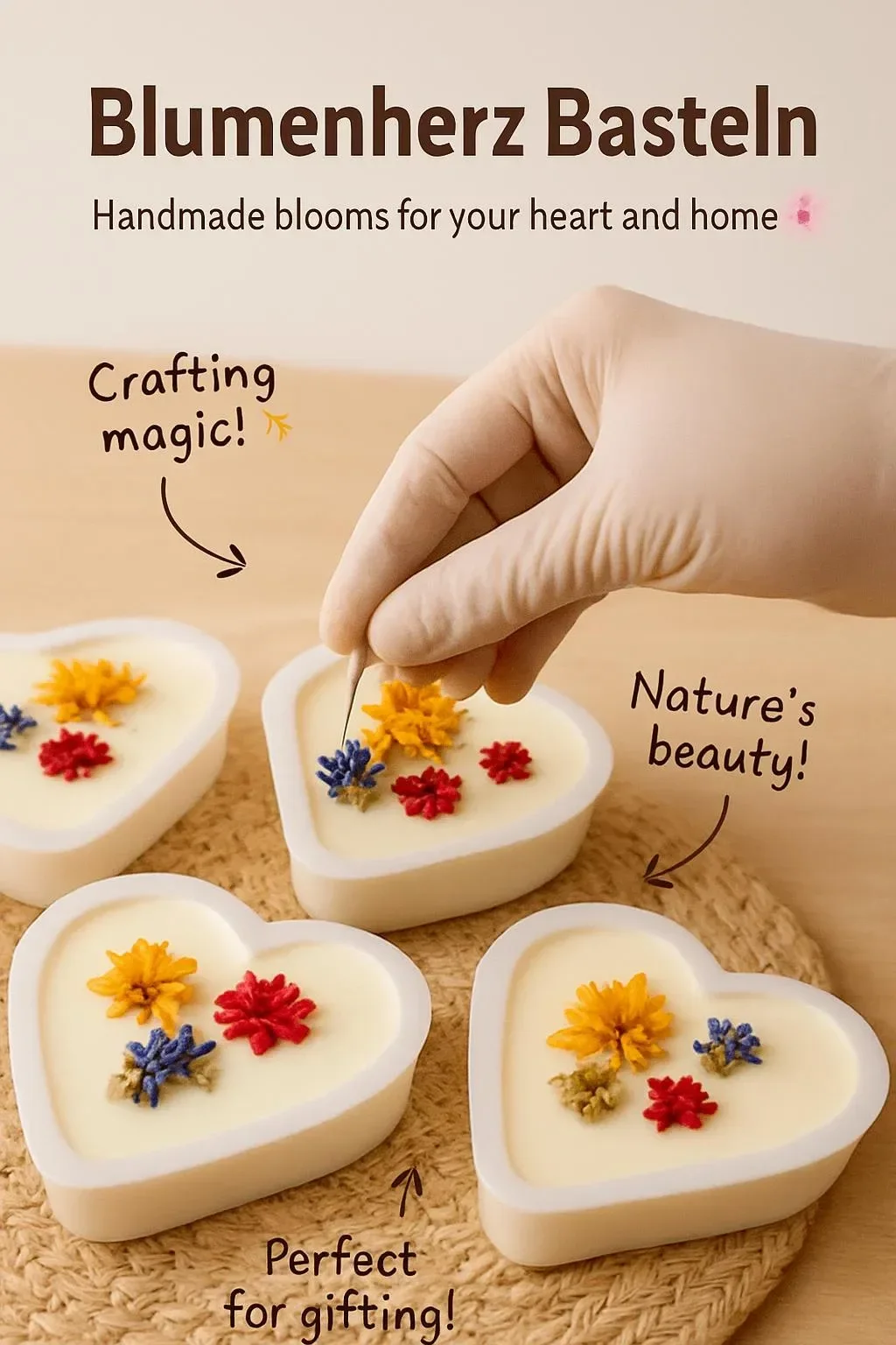 Bastelideen für ein schönes Blumenherz mit bunten Blumen und Materialien.