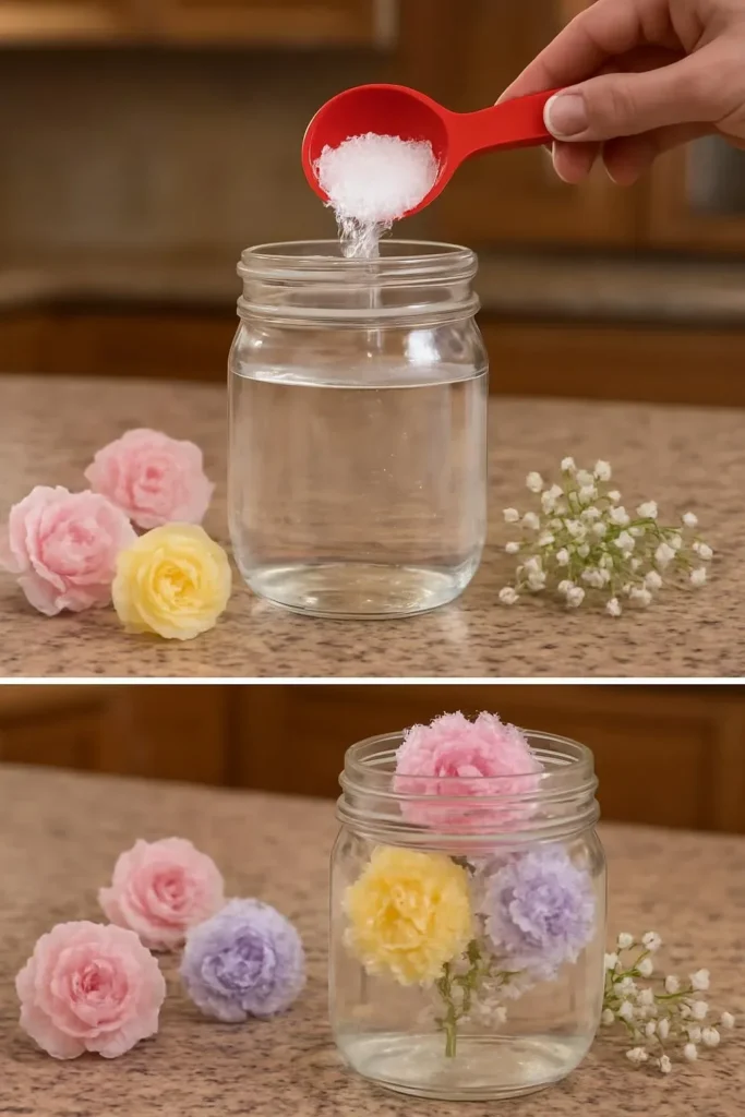 Schöne Borax Kristallwachstumsblumen, die aus einer DIY-Kristallzucht entstehen.