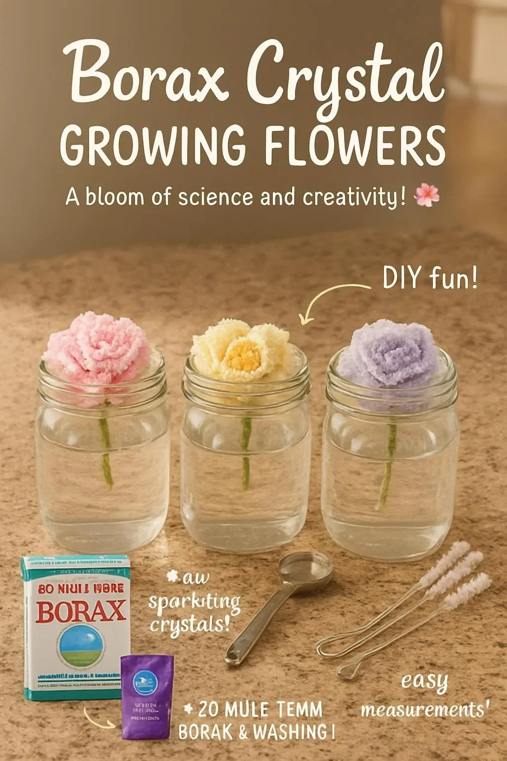 Borax-Kristallwachstumsblumen in verschiedenen Farben und Formen