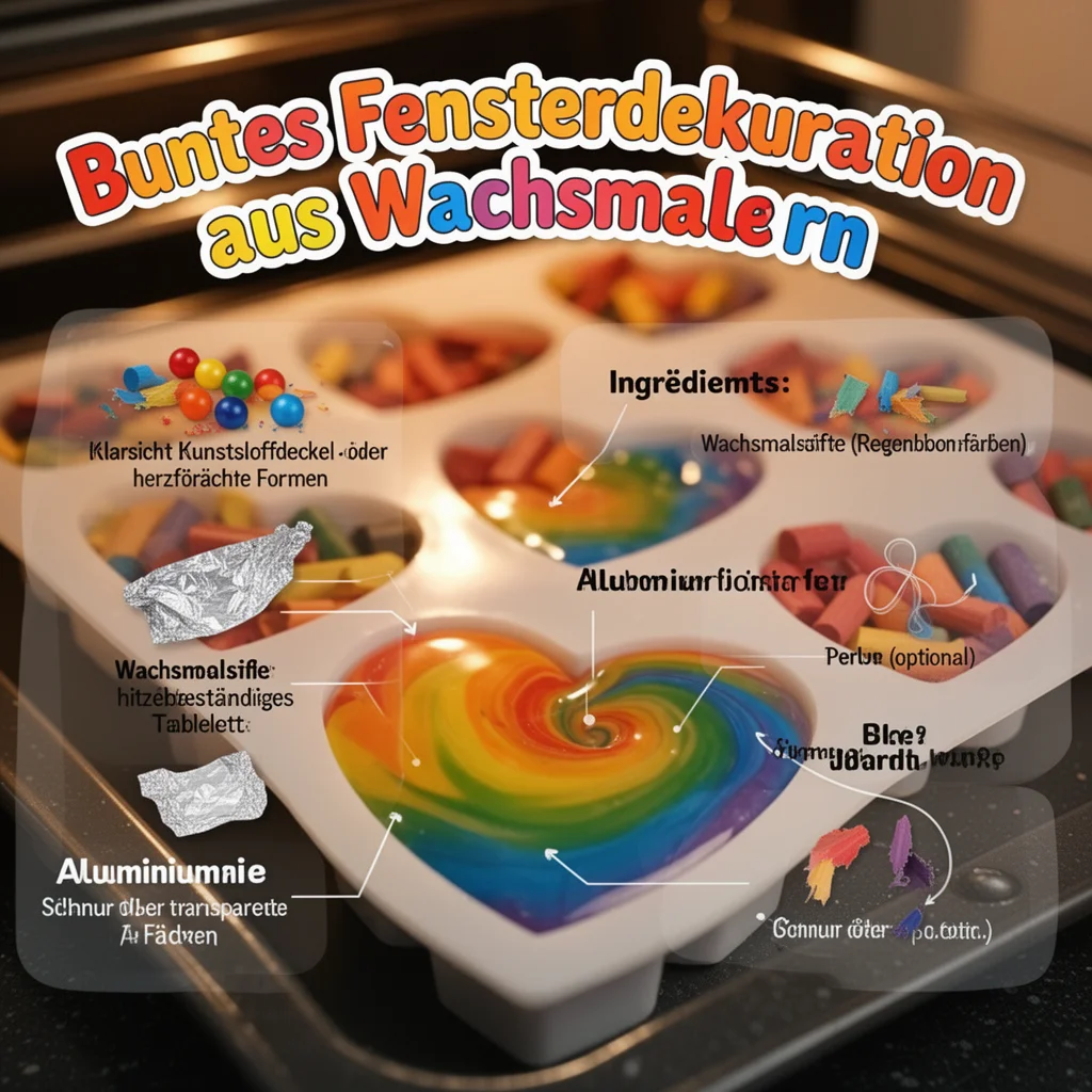 Bunte Fensterdekoration aus Wachsmalern für lebendige Raumgestaltung.
