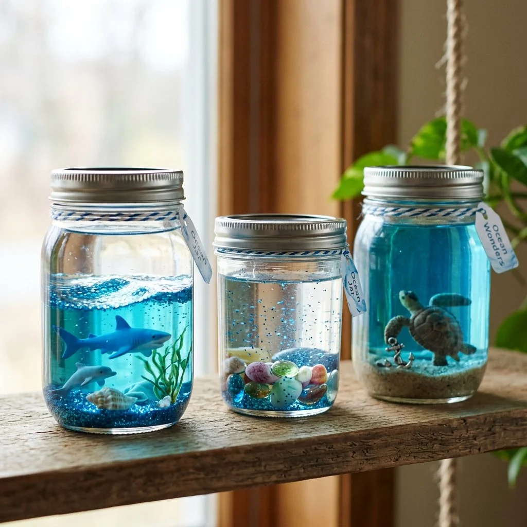 Hausgemachte Ozean-Gläser mit kreativen Designs und blauem Dekor