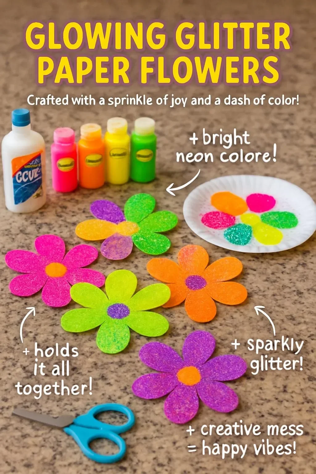 Leuchtende Glitzerpapierblumen zur individuellen Dekoration und Bastelideen
