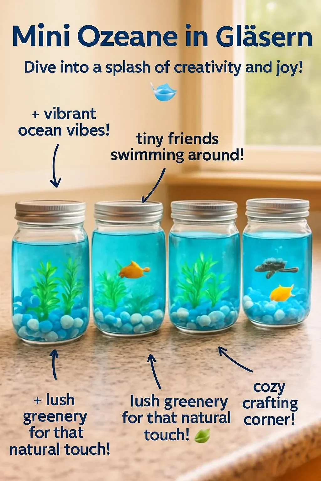 Mini-Ozeane in Gläsern für kreative Dekoration im maritimen Stil