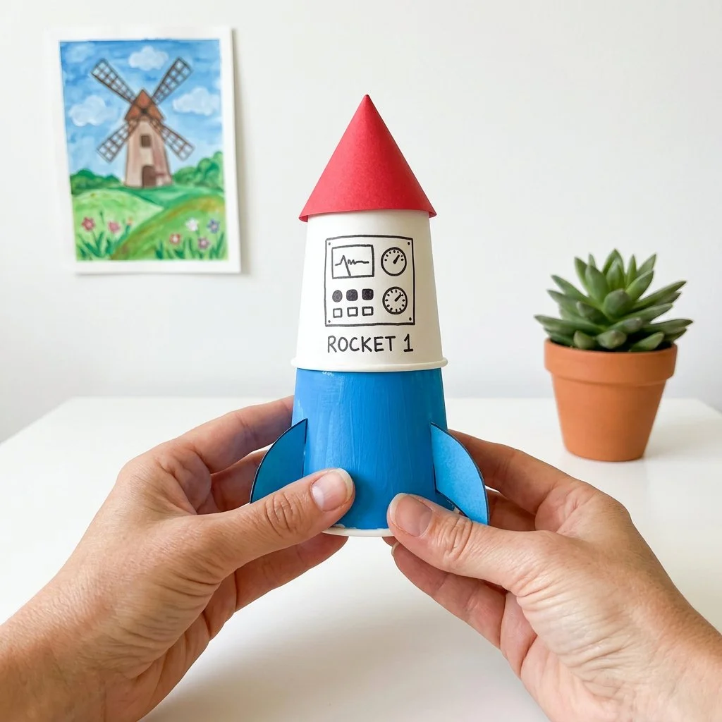 Raketenmodell aus einem Einwegbecher für Experimente und Bastelprojekte.
