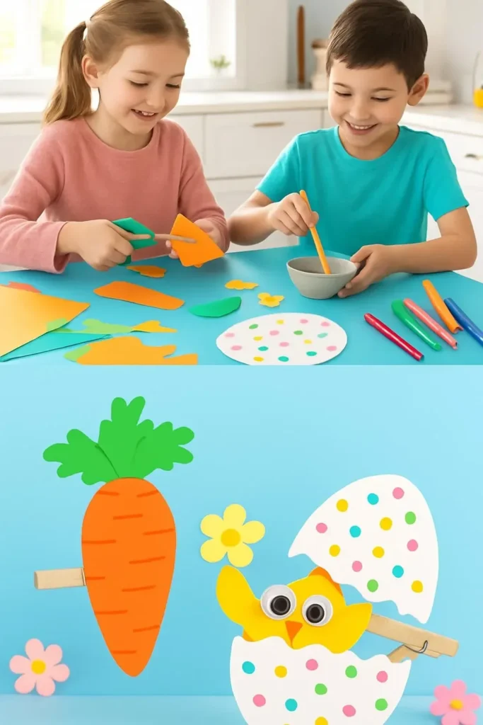 Kinder basteln einen Osterhasen als Teil einer Osterbastelaktivität