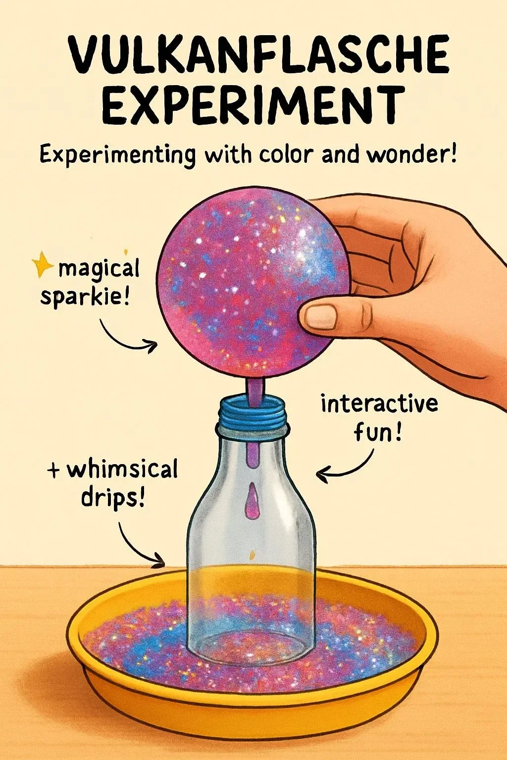 Vulkanflasche Experiment mit lebendigen Farben und Sprudel in einem Glas