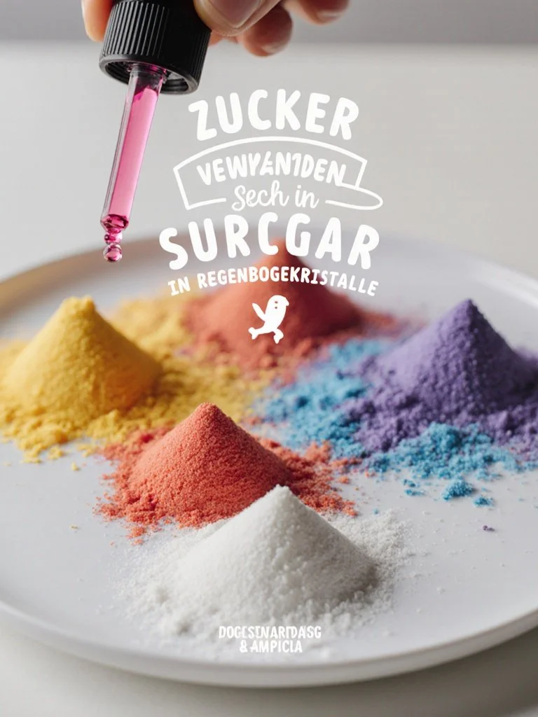 Fantasievolle Zuckerberge, die in strahlende Regenbogenkristalle verwandelt werden.