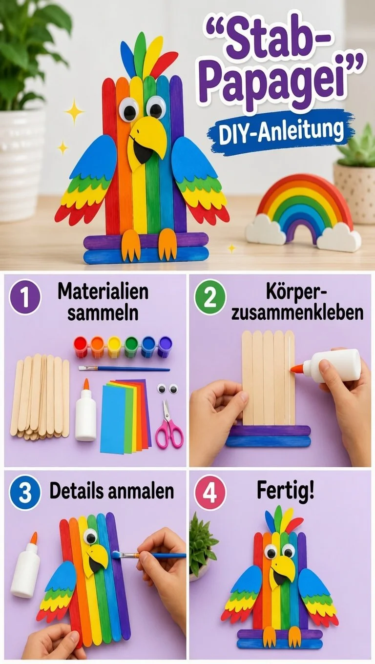 Bastelanleitung für einen bunten Papageien aus Papier und Bastelmaterialien.