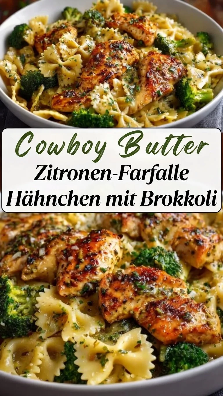 Cowboy Butter Zitronen-Schmetterlingshähnchen mit Brokkoli auf dem Teller