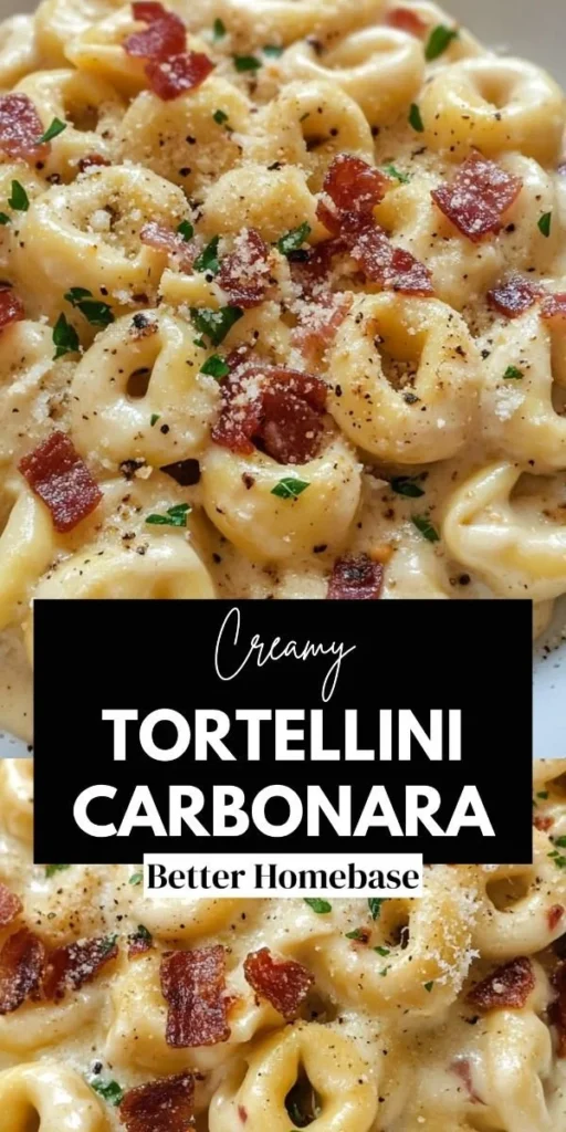 Tortellini Carbonara mit sahniger Sauce und Speck in einem weißen Teller.