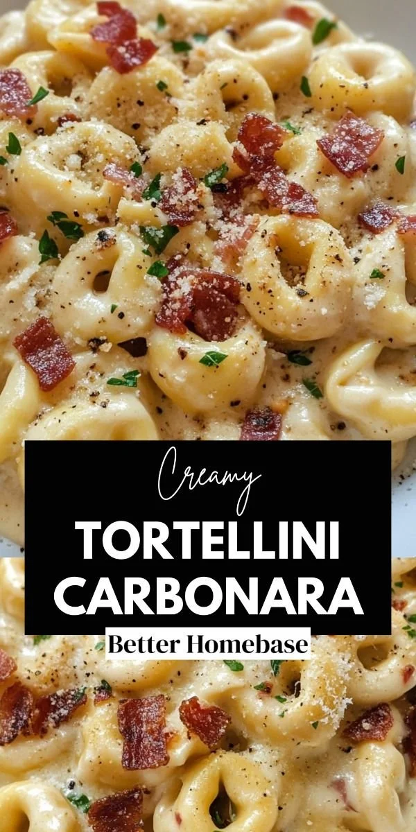 Tortellini Carbonara mit sahniger Sauce und Speck in einem weißen Teller.