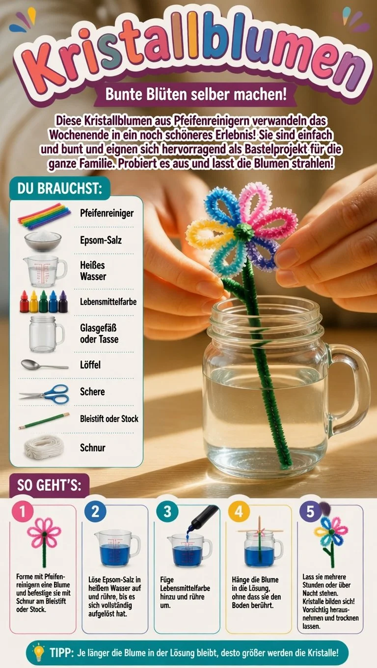 Bunte Kristallblumen aus Pfeifenreinigern, Bastelprojekt für die Familie.