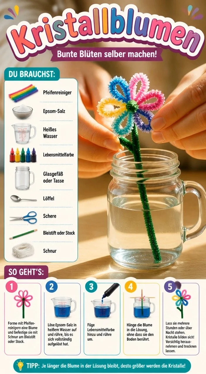Diese Kristallblumen aus Pfeifenreinigern machen das Wochenende noch schöner! Einfach und bunt sind sie das perfekte Bastelprojekt für die Familie. Probiert es aus und lasst die Blumen funkeln!