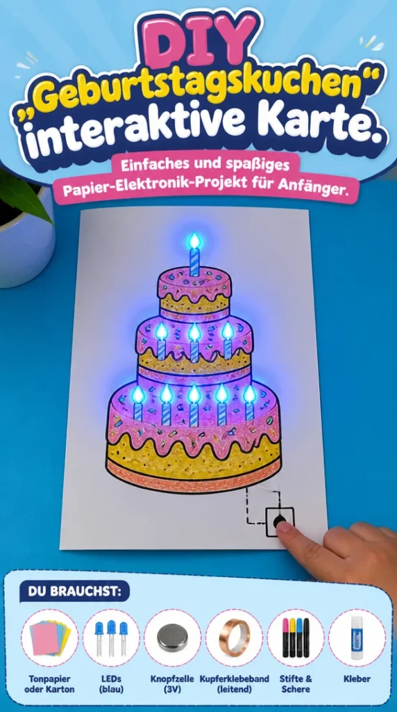 Interaktive DIY Geburtstagskuchen Karte für ein kreatives Papier-Elektronik-Projekt.