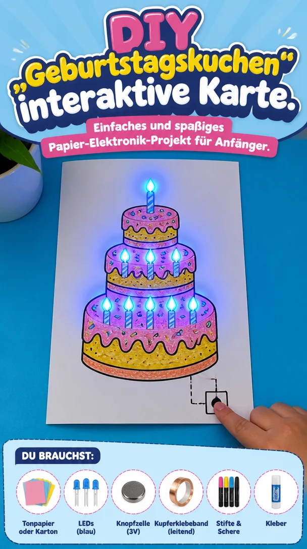 Interaktive DIY Geburtstagskuchen Karte für ein kreatives Papier-Elektronik-Projekt.