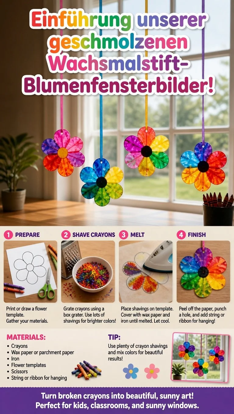 Bunte geschmolzene Wachsmalstift-Blumenfensterbilder für kreative Fensterkunst