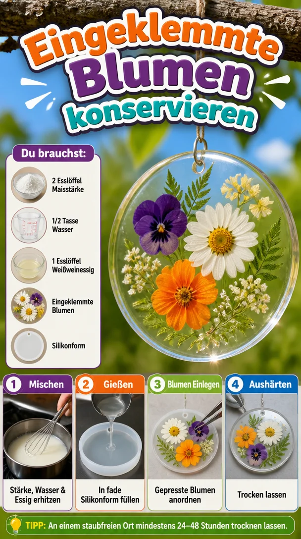 Eingeklemmte Blumen, die kreativ konserviert wurden.