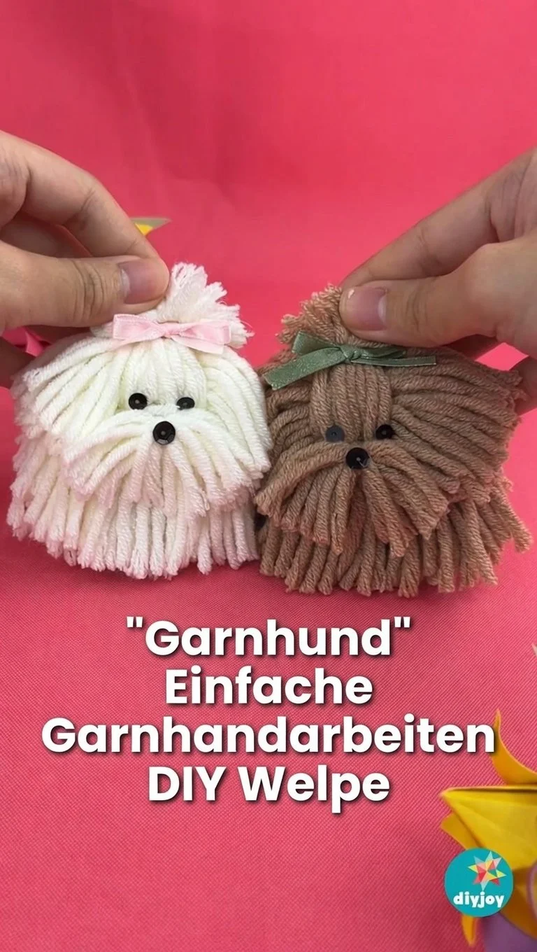 Bilder von Garnhund und einfachen Garnhandarbeiten für DIY-Welpen.