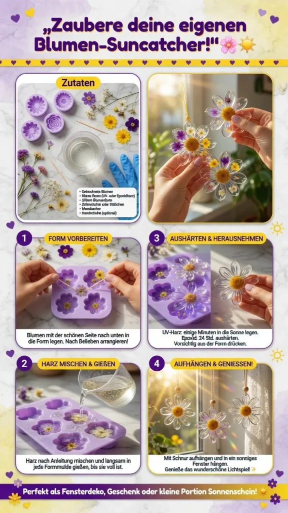 Gepresste Blumen in einem blühenden Resin-Sonnenfänger für dekorative Fensterkunst