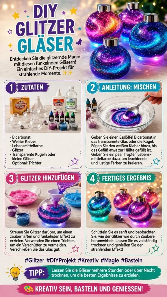 Glitzernde magische Gläser mit schimmernden Effekten und bunten Farben.