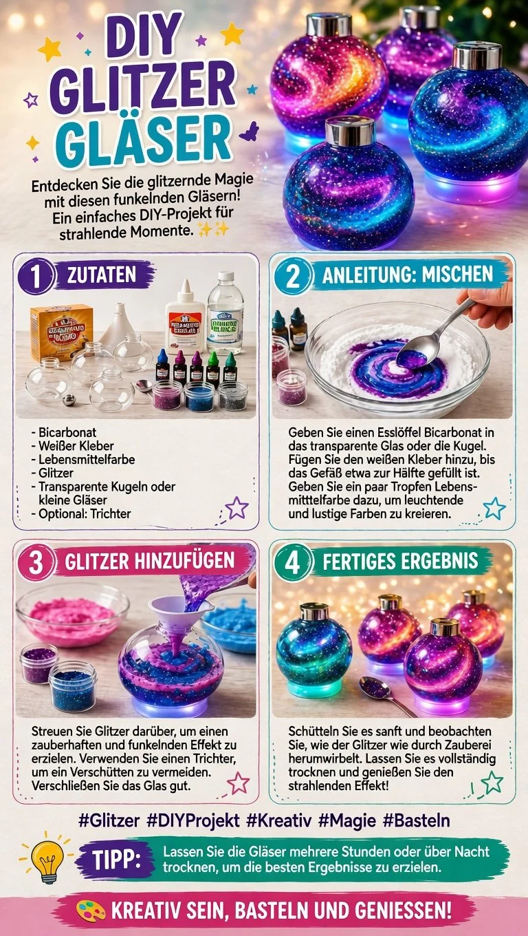 Glitzernde magische Gläser mit schimmernden Effekten und bunten Farben.
