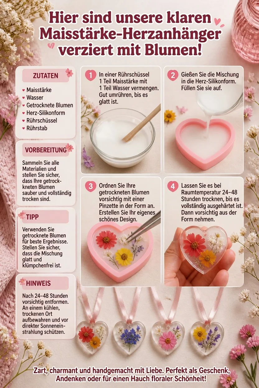 Klarer Maisstärke-Herzhänger, verziert mit bunten Blumen für Dekoration