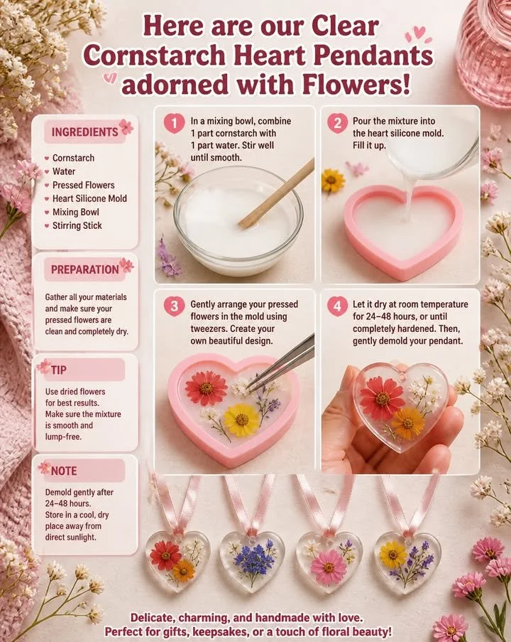 Hier sind unsere klaren Maisstärke-Herzhänger, dekoriert mit Blumen!