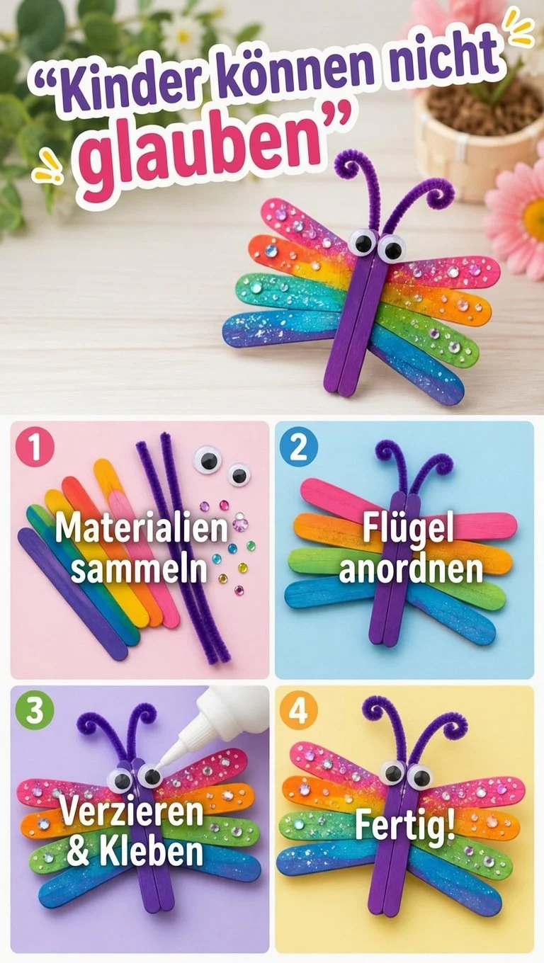 Bastelidee: Libelle aus Eisstielen für Kinder