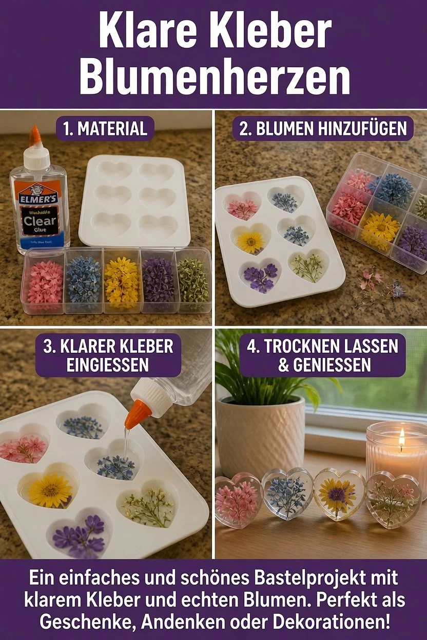 Klarer Kleber für kreative Blumenherzen-Dekorationen und Bastelprojekte.