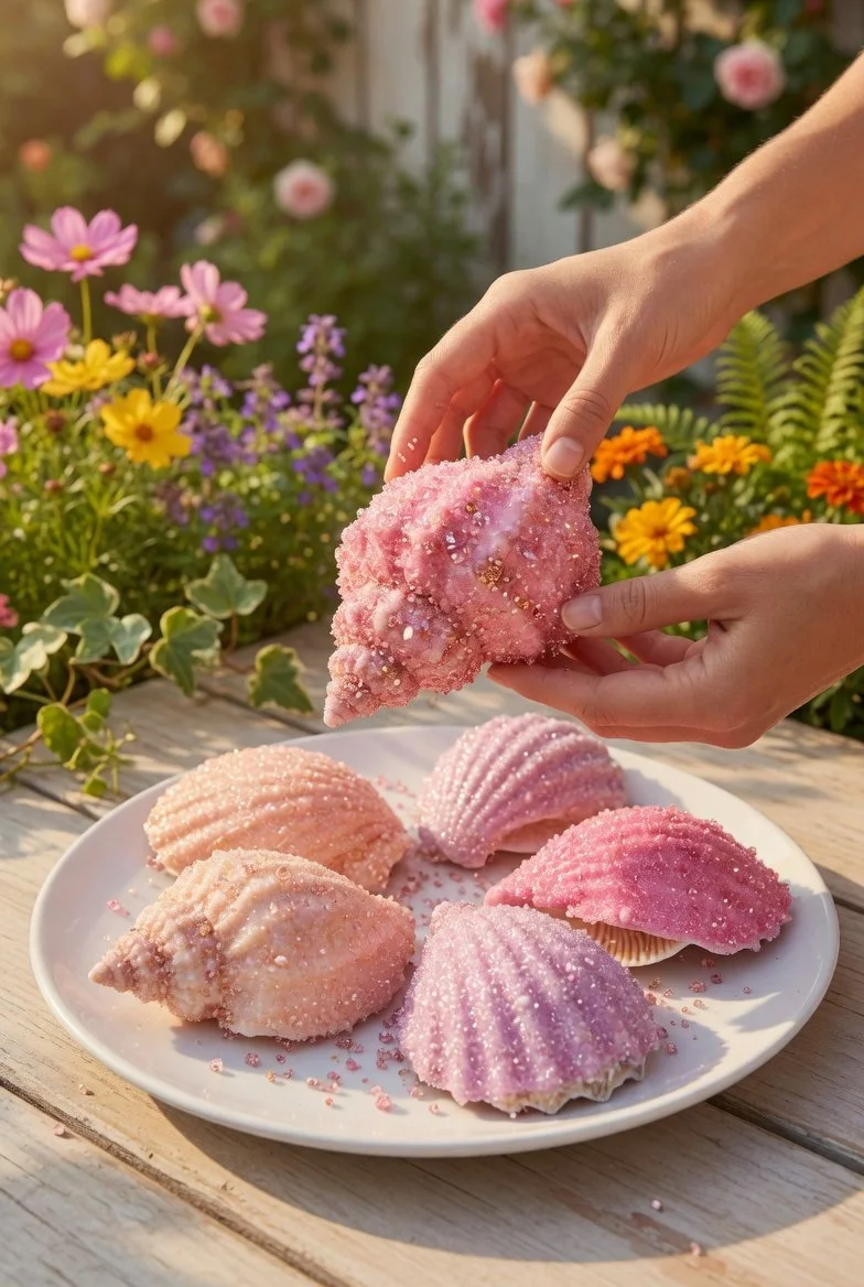 Ansicht von schimmernden Kristallmuscheln in verschiedenen Formen und Farben.