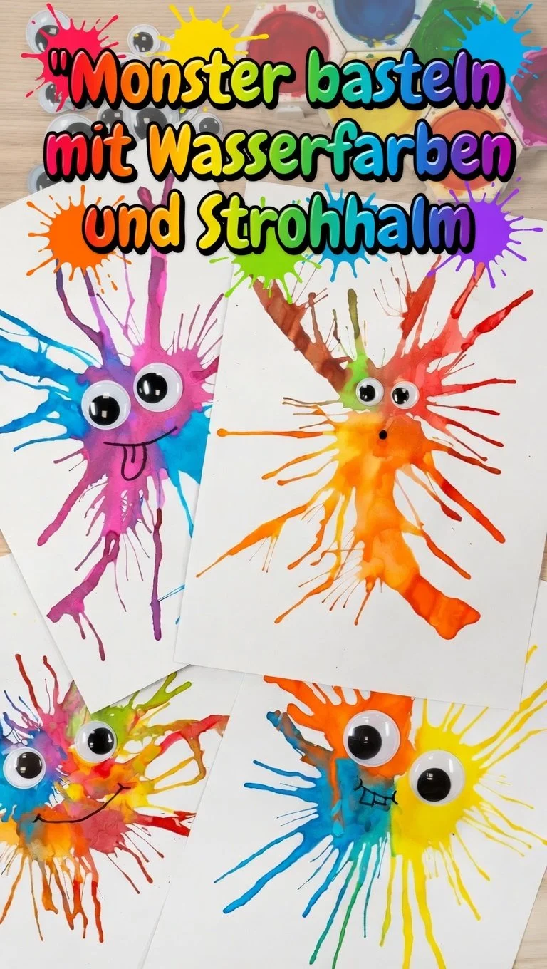 Kinder basteln Monster mit Wasserfarben und Strohhalm für kreatives Spielen