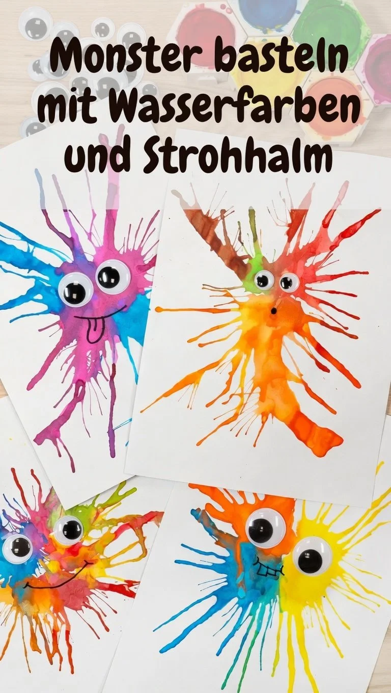 Monster basteln mit Wasserfarben und Strohhalm - Spielidee für Kinder