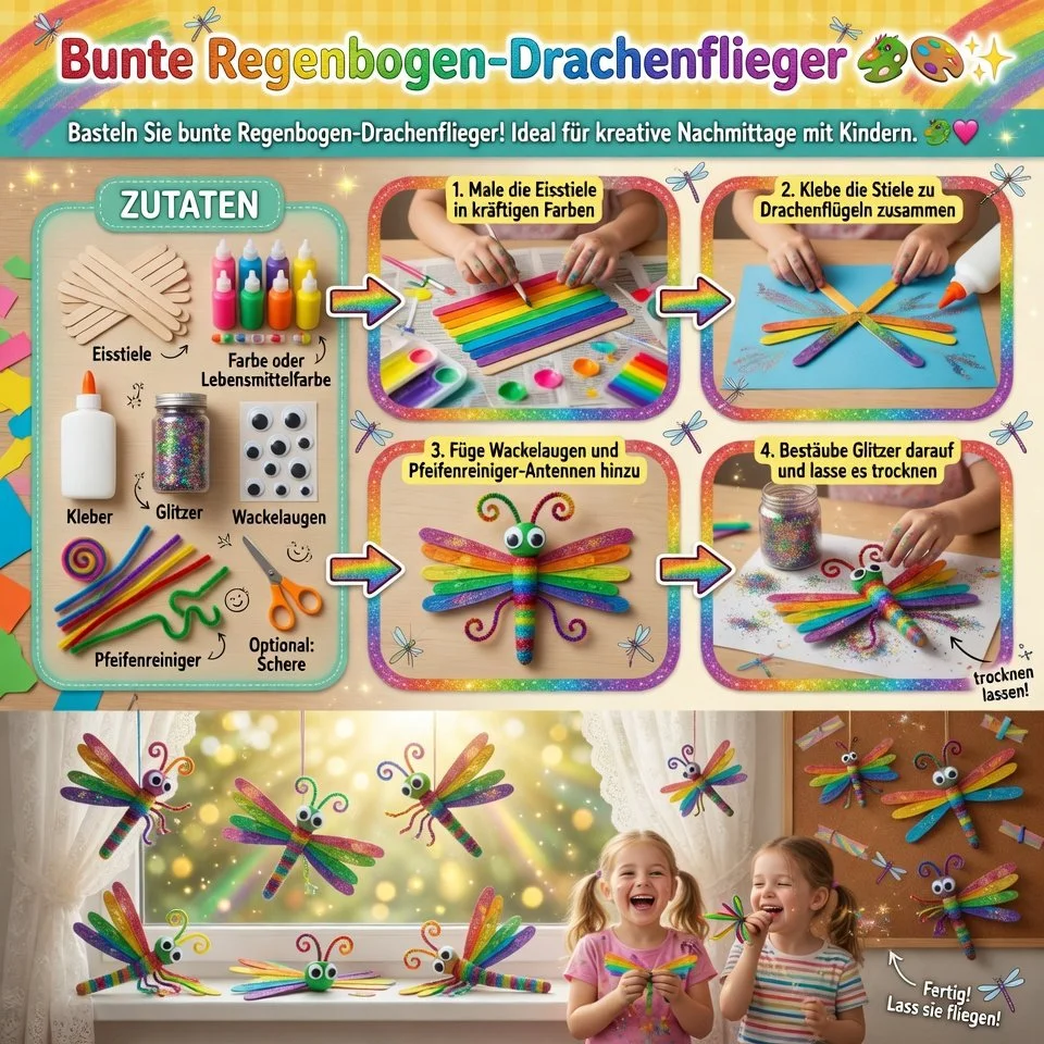 Farbenfroher Regenbogen-Drachenflieger in Aktion am blauen Himmel