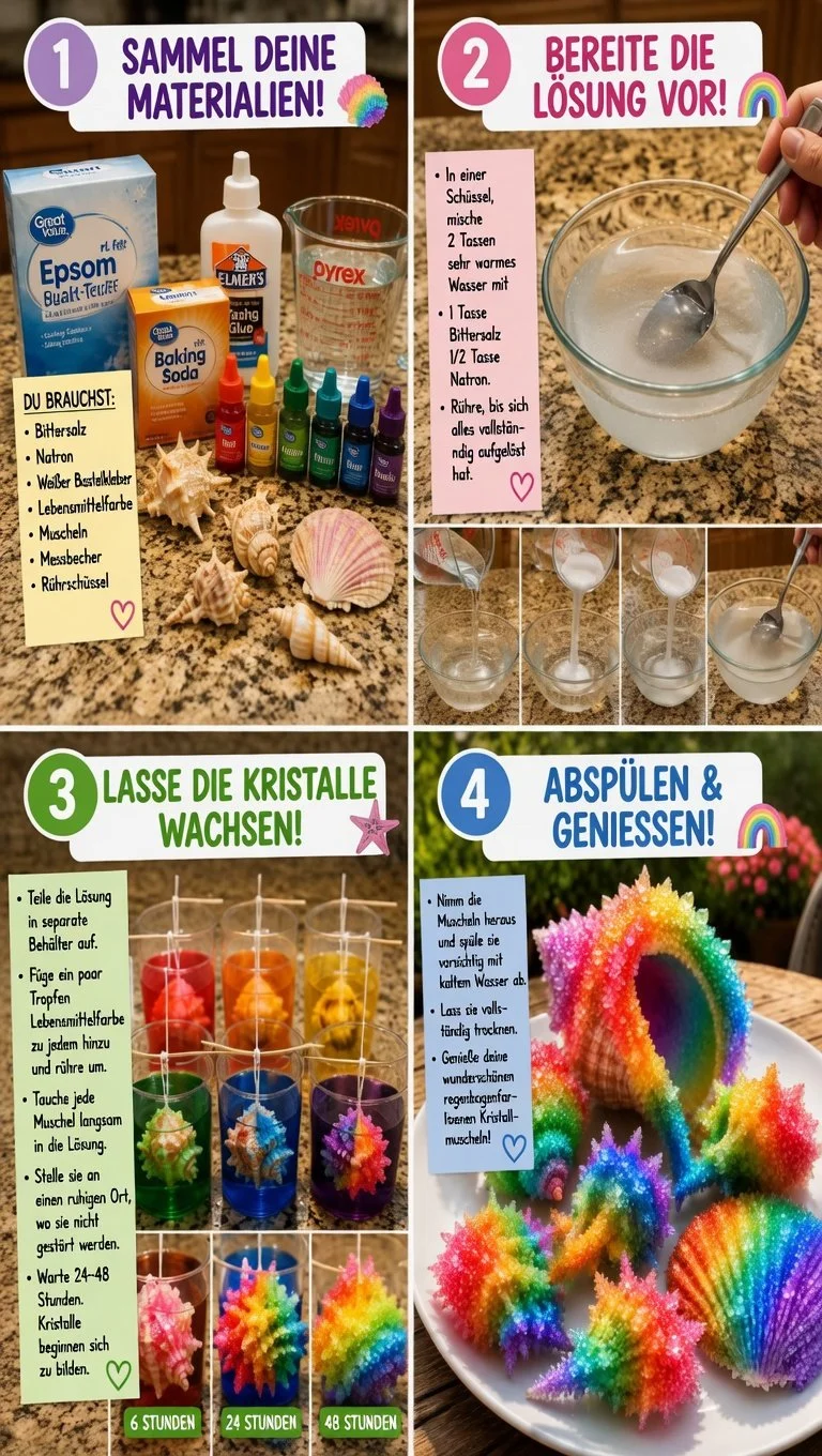 Regenbogen-Kristall-Muscheln in verschiedenen Farben für Dekoration und Energiearbeit.