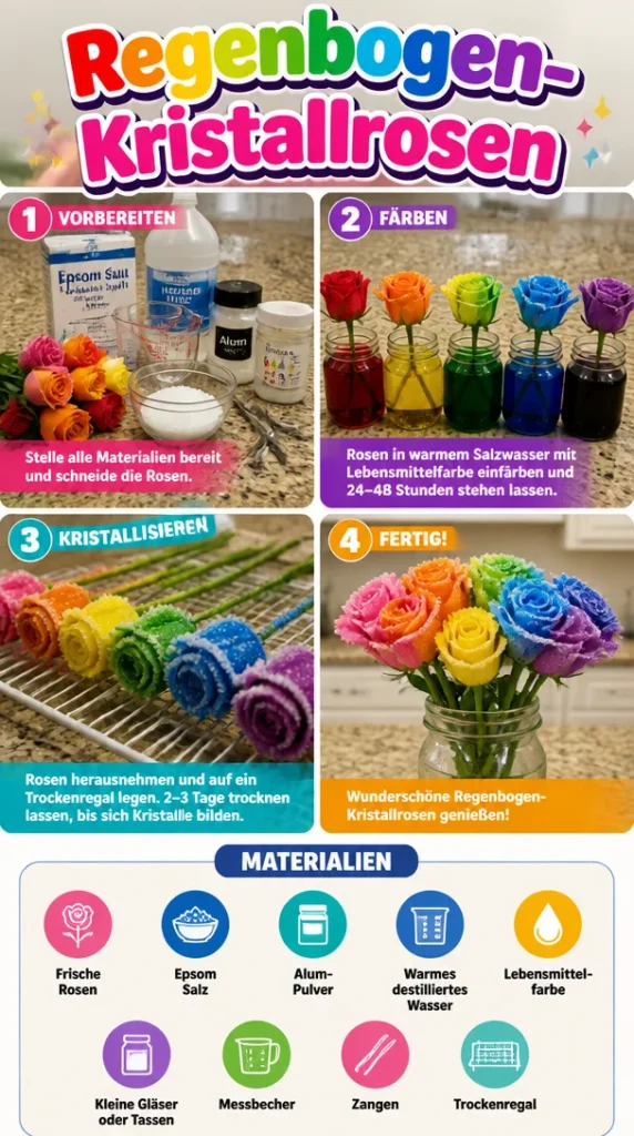 Regenbogen-Kristallrosen in verschiedenen Farben und Formen