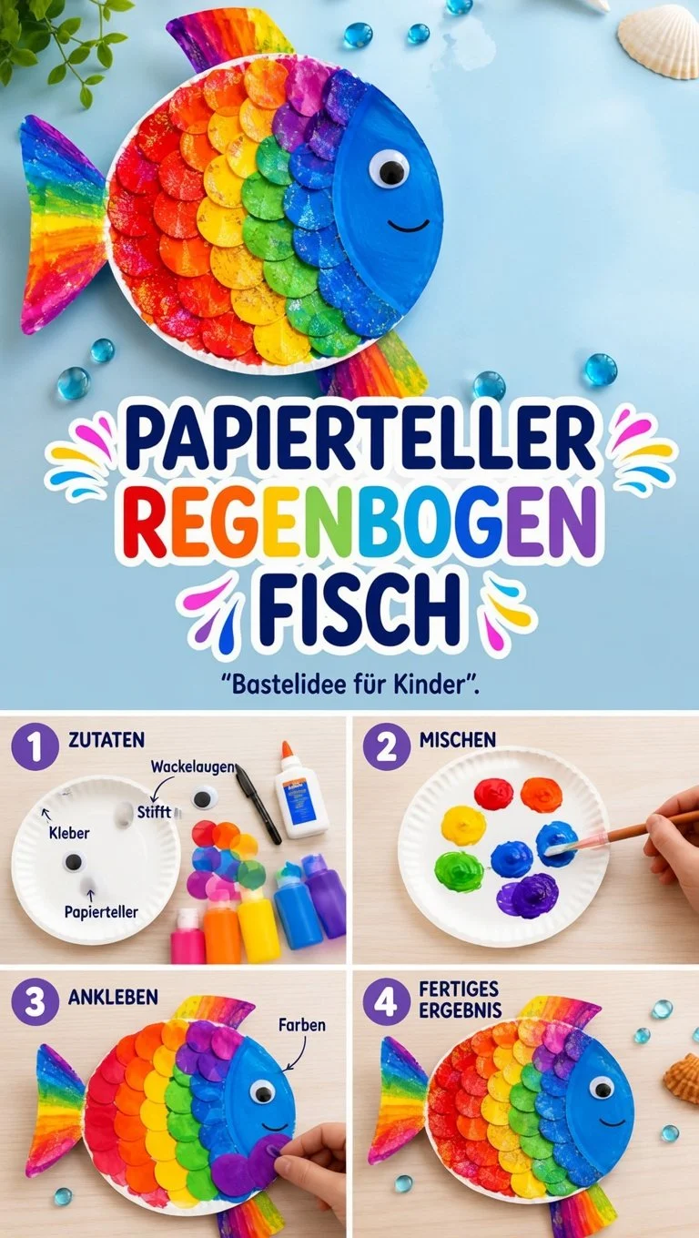 Bastelidee für den Regenbogenfisch mit bunten Materialien.