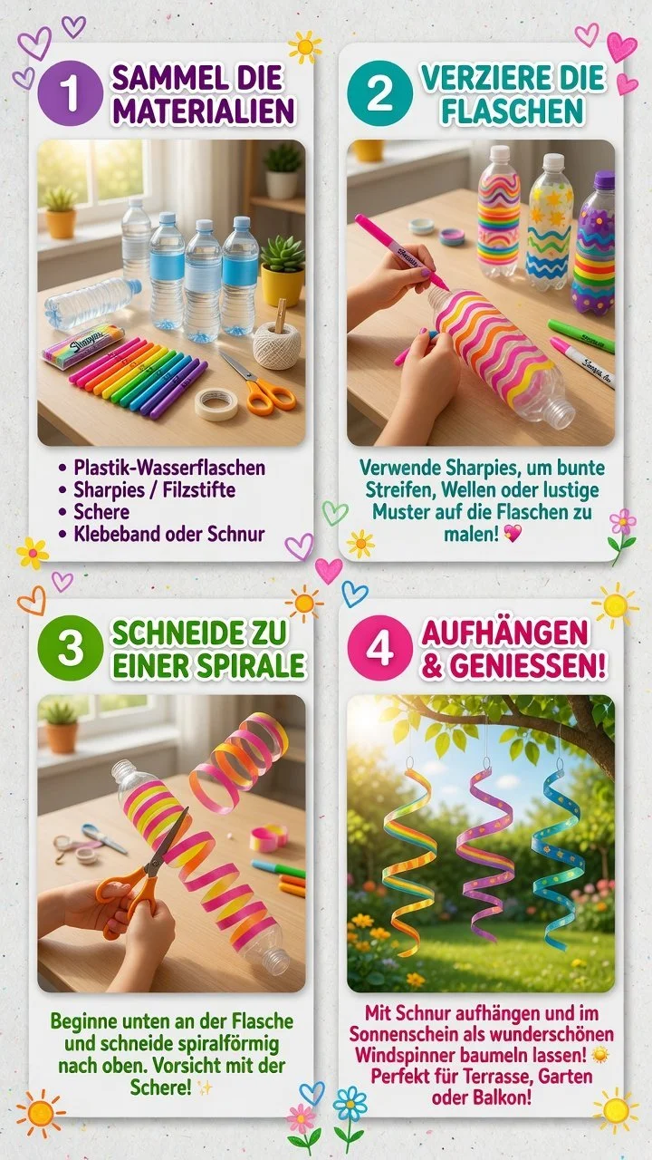 Regenbogenflaschen-Windspiele im Garten, die im Wind schwingen und farbenfroh leuchten.