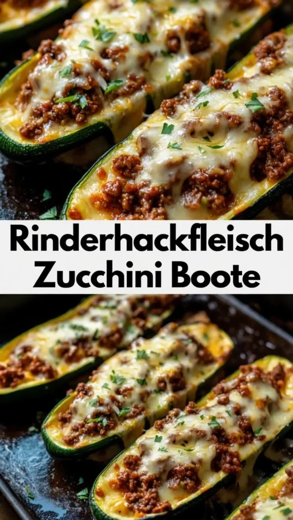 Rinderhackfleisch gefüllte Zucchini Boote auf einem Teller serviert