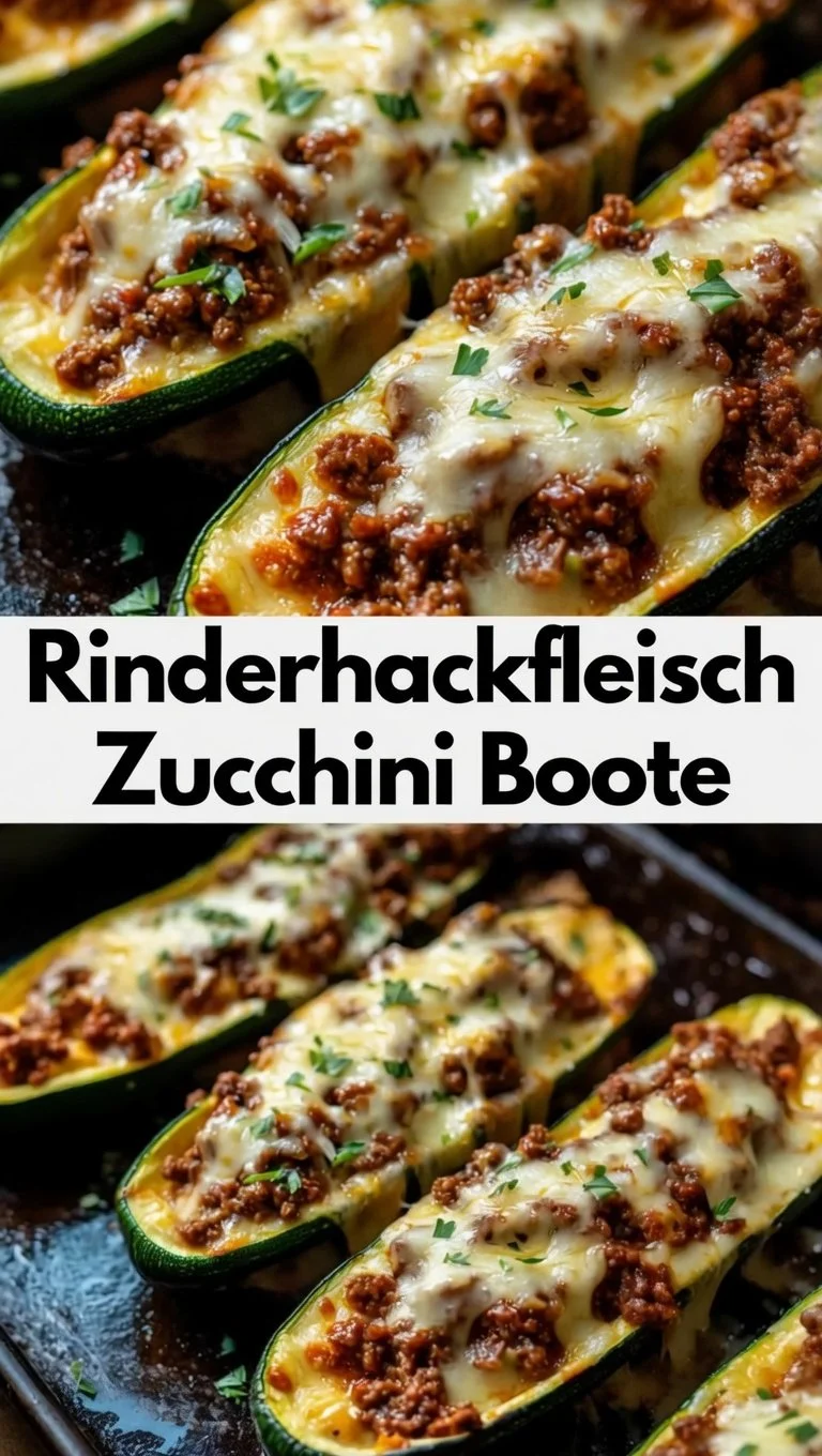 Rinderhackfleisch gefüllte Zucchini Boote auf einem Teller serviert