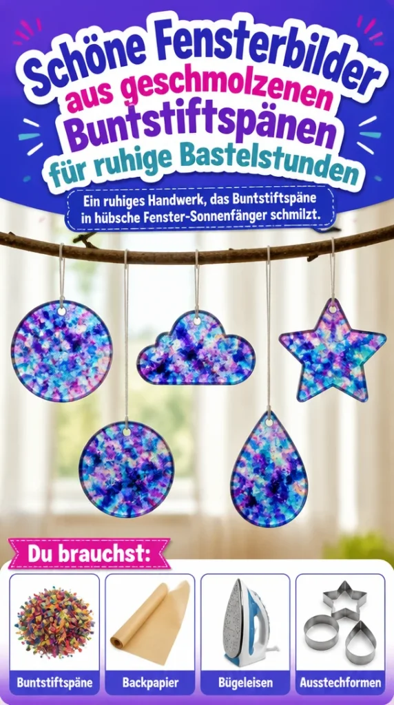 Schöne Fensterbilder aus geschmolzenen Buntstiftspänen auf einem Fenster