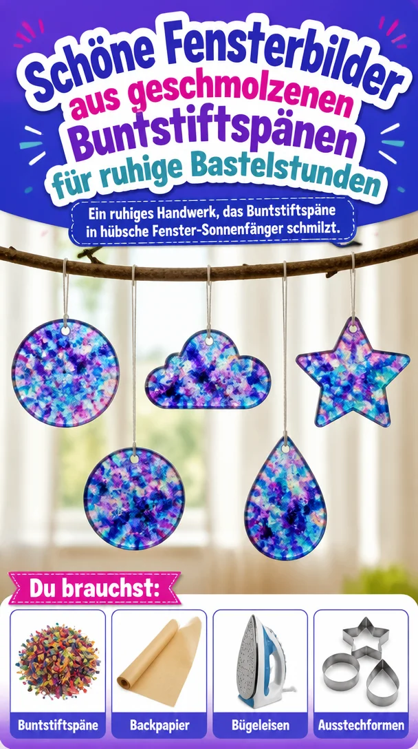 Schöne Fensterbilder aus geschmolzenen Buntstiftspänen auf einem Fenster