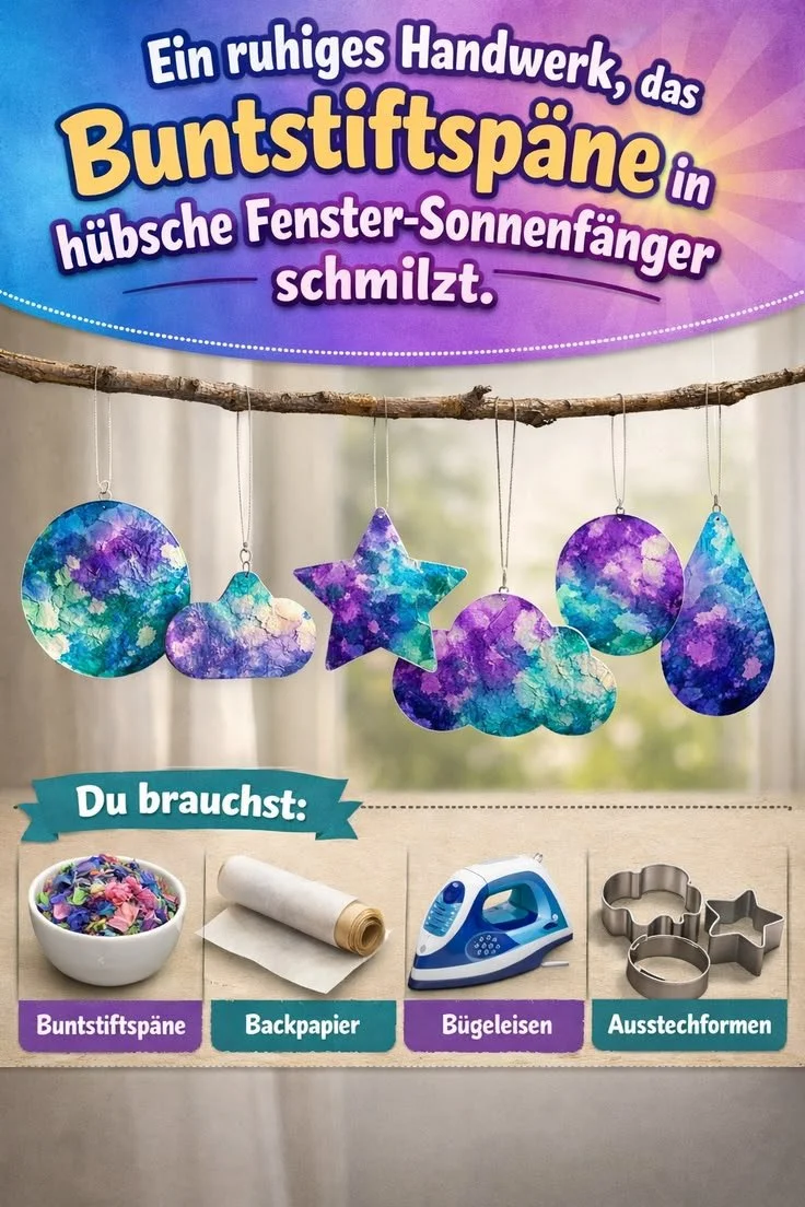 Schöne Fensterbilder aus geschmolzenen Buntstiftspänen für ruhige Bastelstunden
