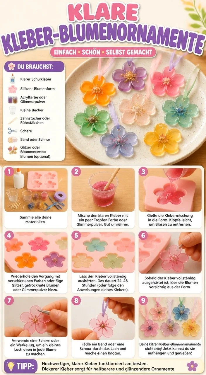 Versüße dein Wochenende mit diesen klaren Kleber-Blumenornamenten! Einfache und kreative Deko für jeden Anlass. Ich habe sie mit meiner Familie gemacht und sie waren begeistert! Perfekt für Frühling...