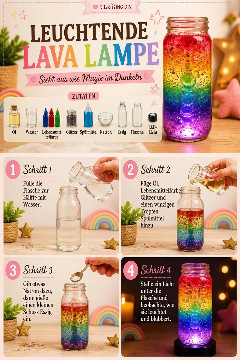 Selbstgemachte leuchtende Lava-Lampe-Flasche in einem gemütlichen Zuhause