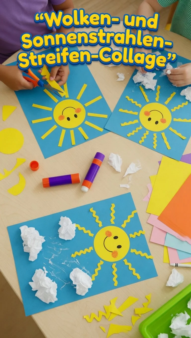 Bunte Wolken Sonnenstrahlen Collage mit kreativen Streifen und Lichtspielen.