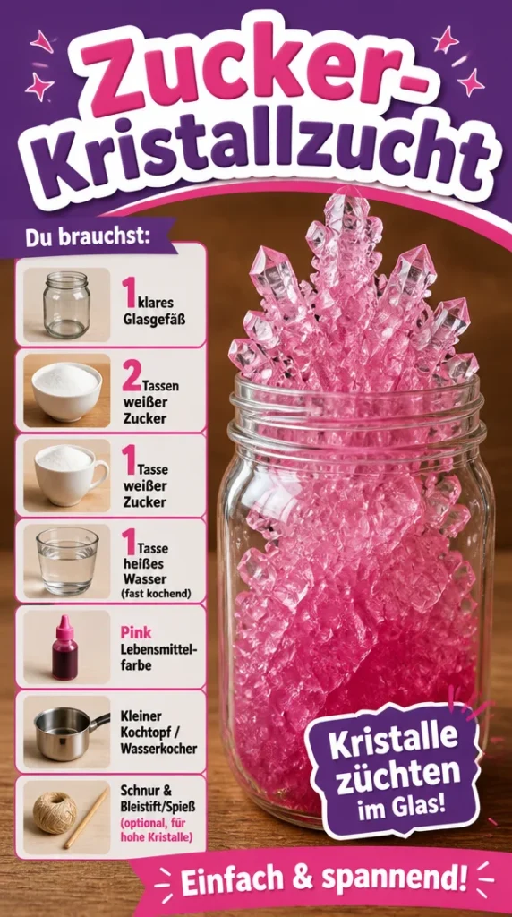 Zucker-Kristallzucht: Bunte Kristalle in verschiedenen Formen und Größen.