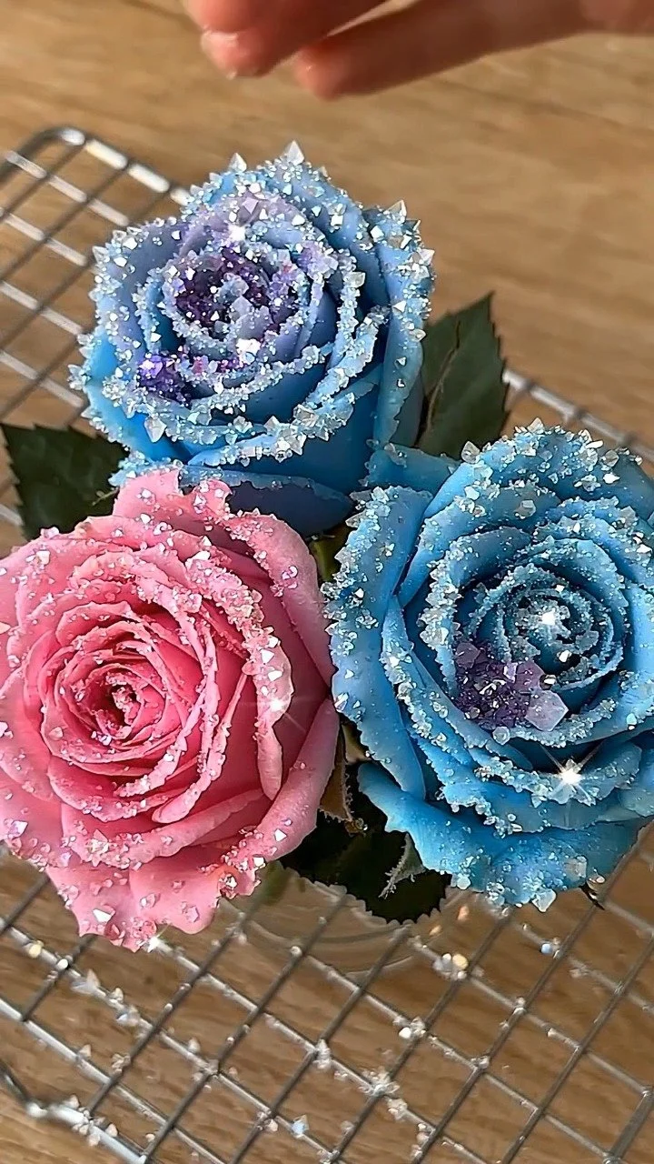 Echte Rosen, bedeckt mit Kristallen, die im Sonnenlicht glitzern