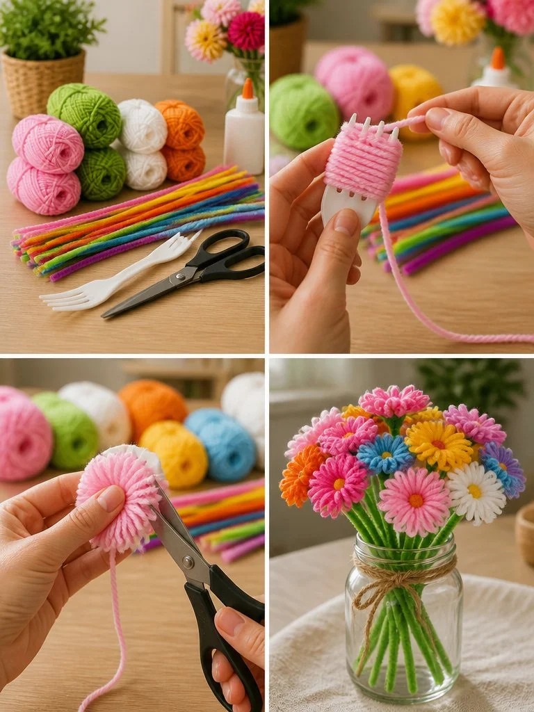 Bunter Gabel-Pom-Pom-Blumenstrauß als kreative Dekoidee.