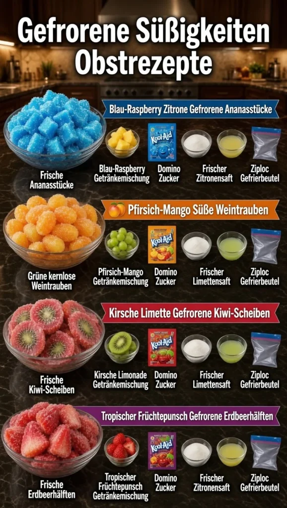 Vielfalt an gefrorenen Süßigkeiten und gefriergetrockneten Snacks